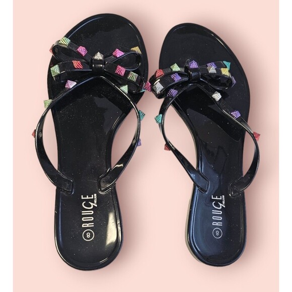 ROUGE HELIUM BLACK JELLY FLIP FLOPS SANDLE SIZE 8 MULTICOLOR STUDS. BOW - Picture 5 of 7